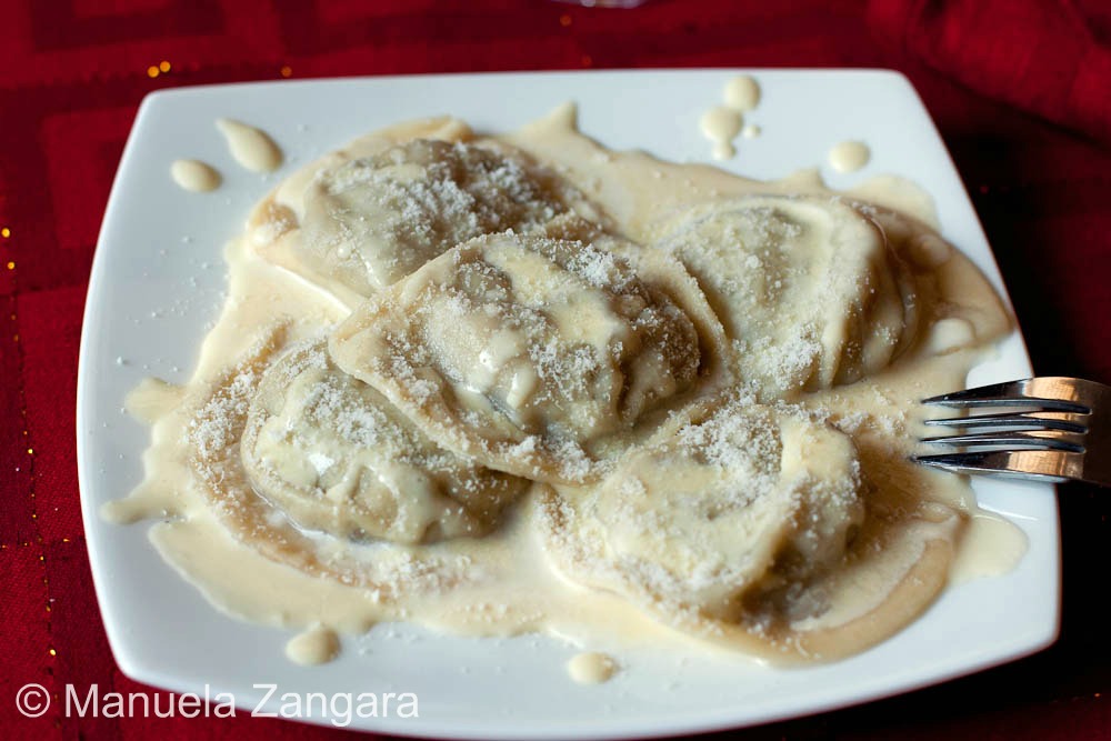 Christmas in July 2011 - Artichoke and ricotta mezzelune on a Parmigiano Reggiano fondue