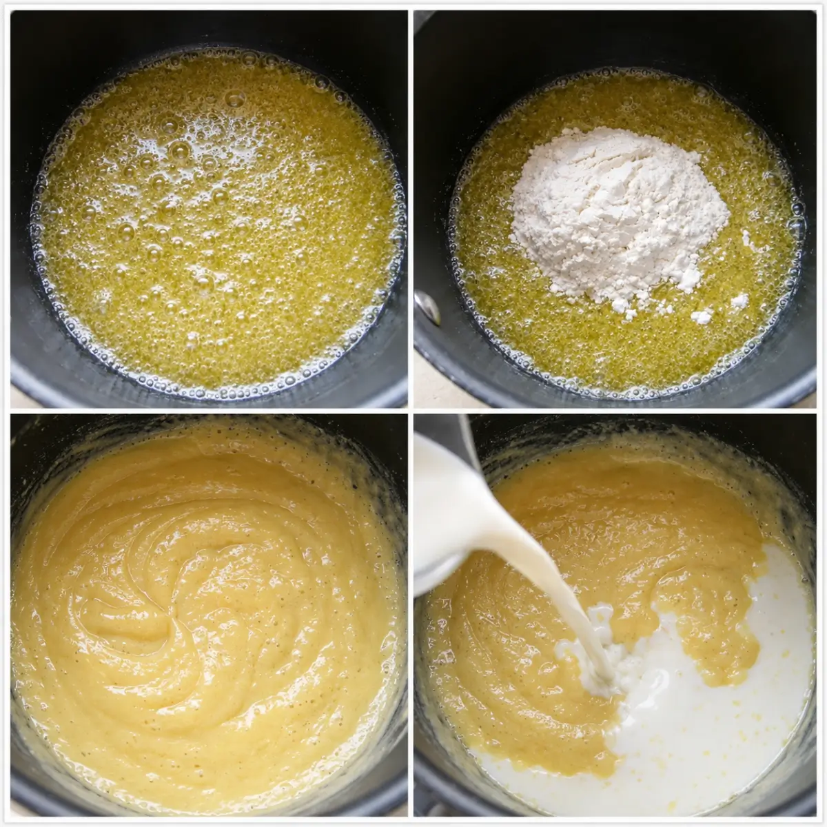 Butter and flour cooked into a roux before milk is added for the béchamel sauce.