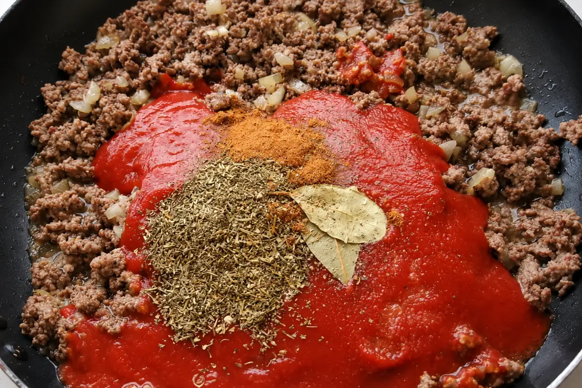 Ground beef and onions topped with tomato sauce, herbs, spices, and bay leaves.