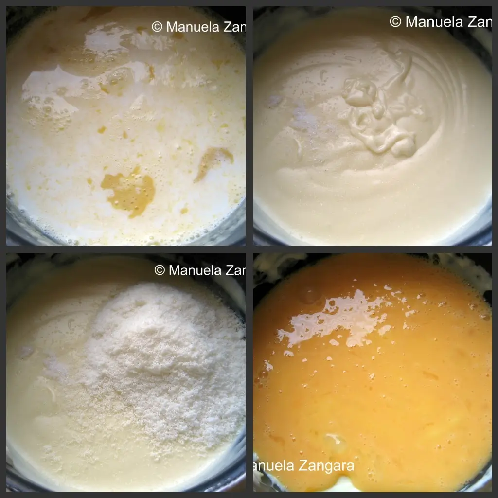 Cheese Sauce2 Collage showing milk heating, thickened sauce, Pecorino added, and eggs mixed into the cheese sauce.