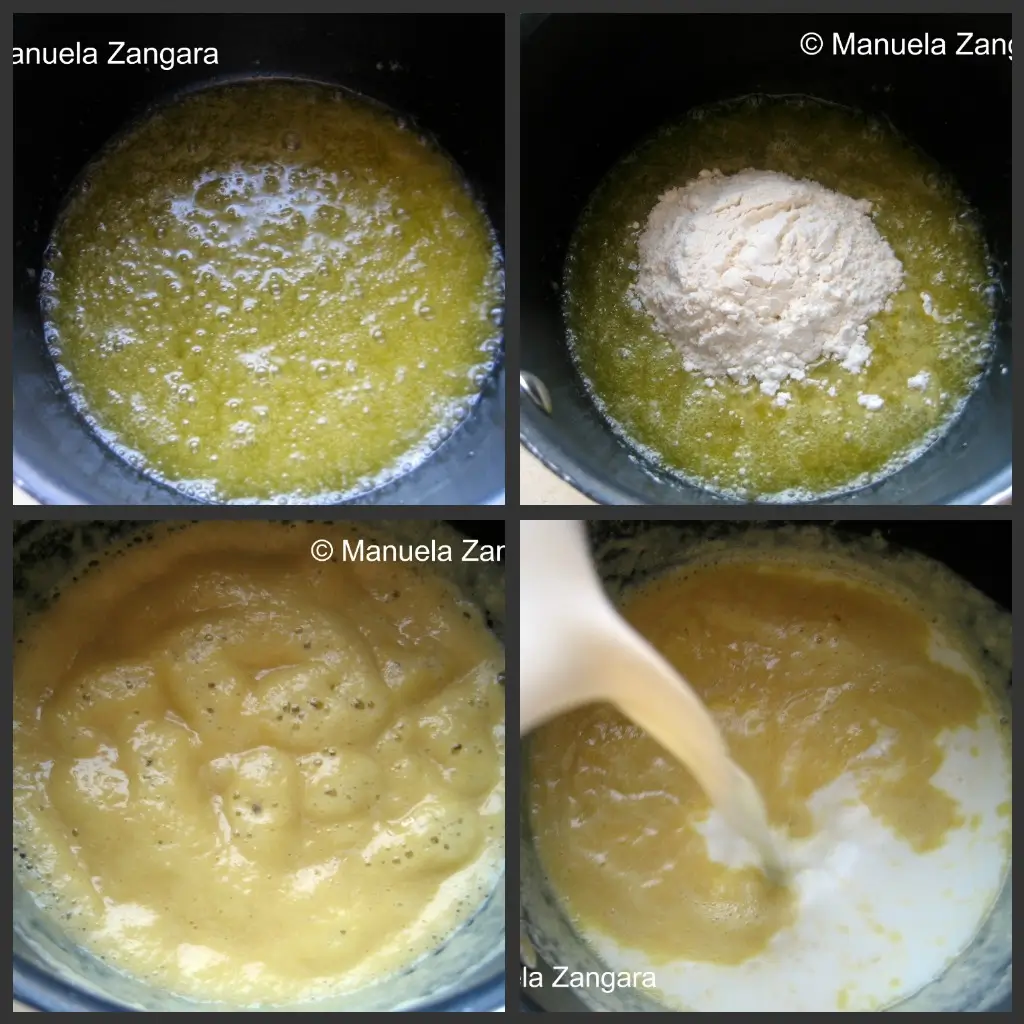 Cheese Sauce1 Collage showing butter melting, flour added to make a roux, the roux cooking, and milk being poured in.