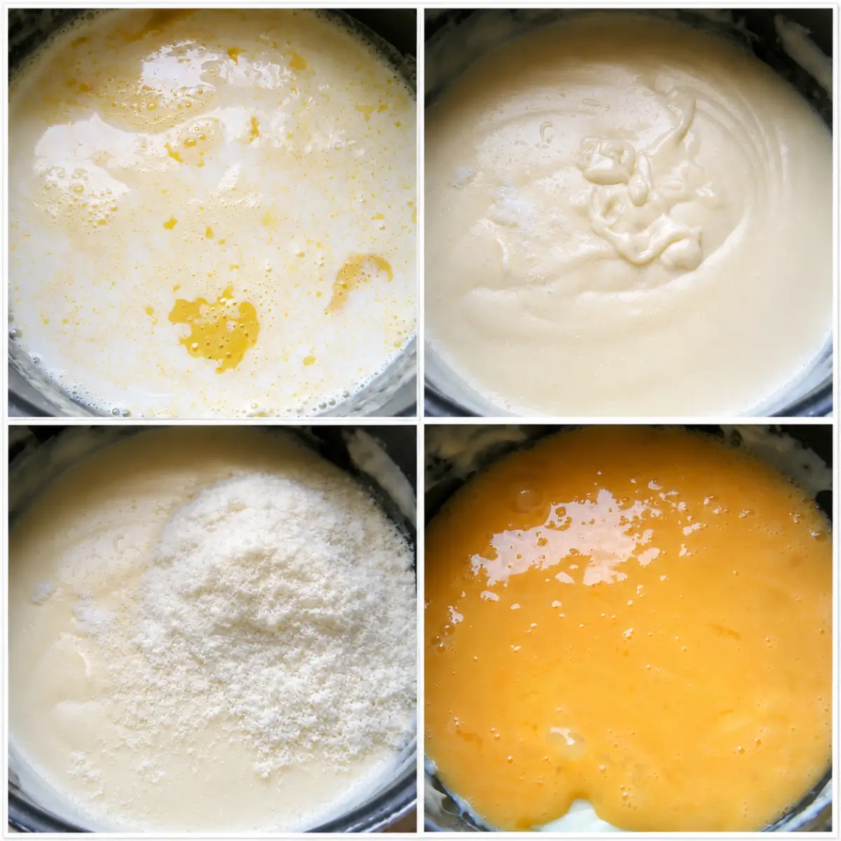 Béchamel sauce thickened before grated cheese and beaten eggs are mixed in.