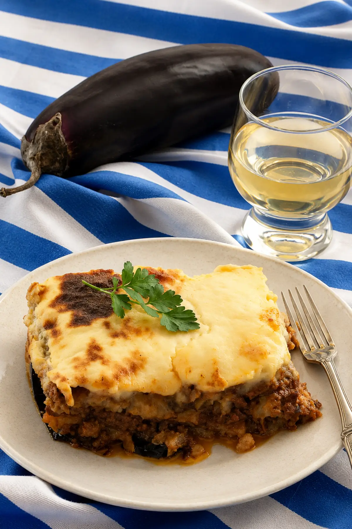 A plated Greek eggplant bake with savoury meat sauce, creamy béchamel and parsley.