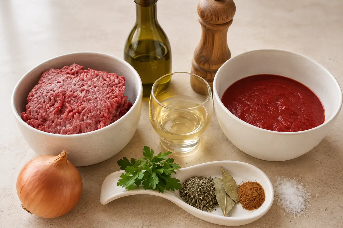 Ground beef, tomato purée, onion, wine, olive oil, herbs, and seasonings arranged for cooking.