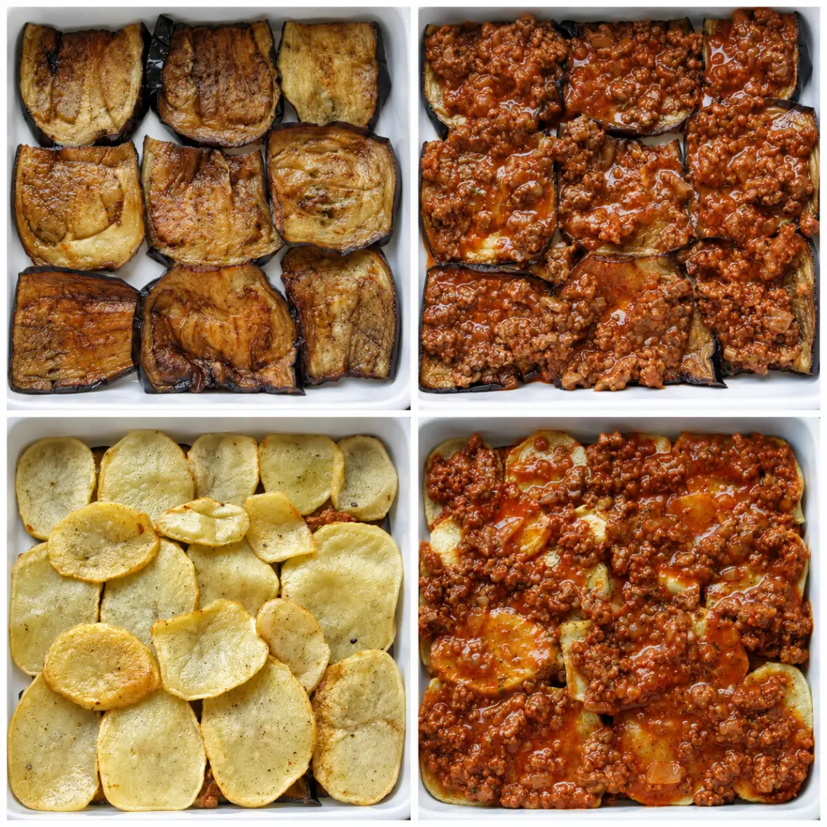 Moussaka layers assembled with fried eggplant, potatoes and savoury meat sauce.