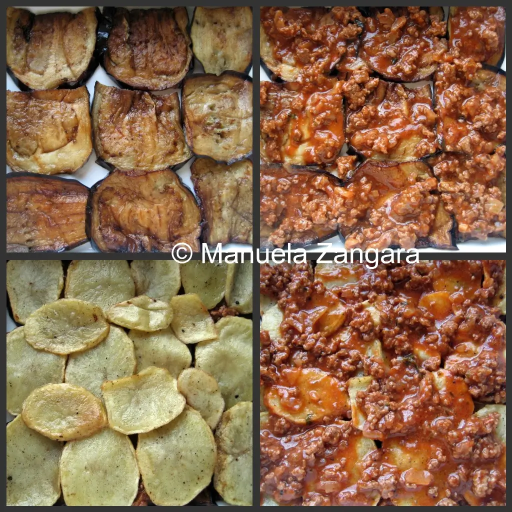 Strati 1 Collage showing the layered assembly of moussaka with fried eggplants, potatoes, and meat sauce.