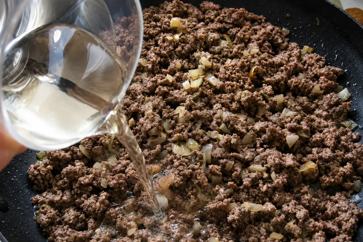 White wine being poured into browned ground beef and onions in a frying pan.