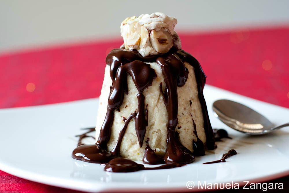 Semifreddo al torroncino with hot chocolate sauce