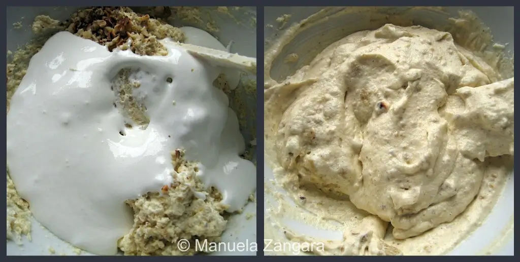 Folding whipped egg white into semifreddo mixture.