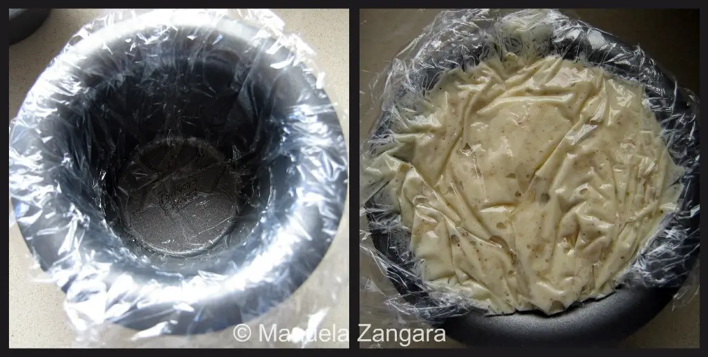 Moulds lined with cling wrap and filled with semifreddo mixture.