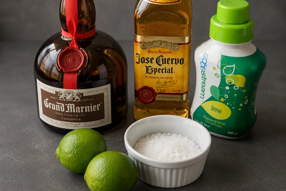 Tequila, orange liqueur, limeade concentrate, fresh limes and coarse salt arranged for making frozen margaritas.