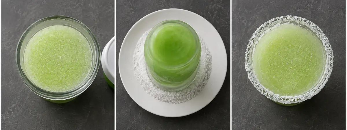 Make-ahead margarita in a mason jar being dipped in salt to coat the rim.