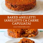 Baked anelletti pasta cake on a glass plate.