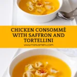 Chicken consommé with saffron served with tortellini in a white bowl.