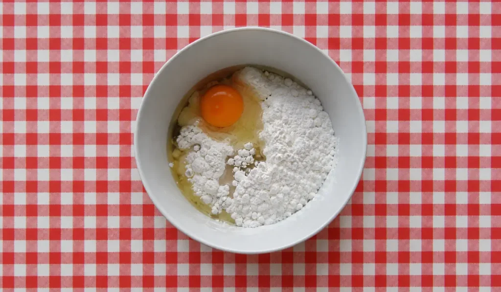 Egg, flour, cornstarch, and liquid ingredients combined in a bowl before mixing the batter.