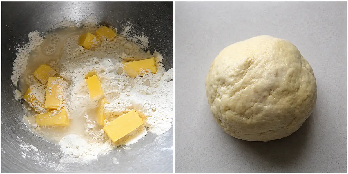 Butter-based dough ingredients beside a smooth dough ball after kneading.