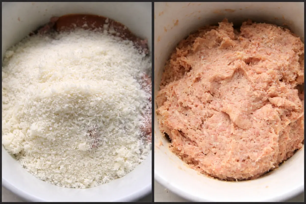 Grated Parmigiano Reggiano added to minced meat mixture for tortellini filling.