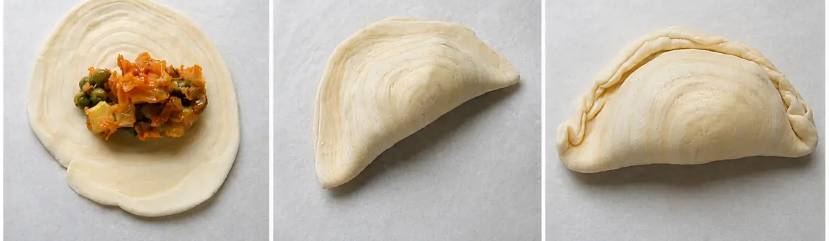 Pastry rounds filled with curried vegetables, folded, and sealed by hand.