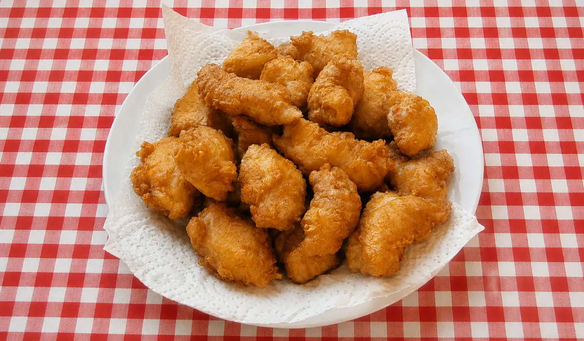 Freshly fried chicken pieces resting on paper towels after cooking.