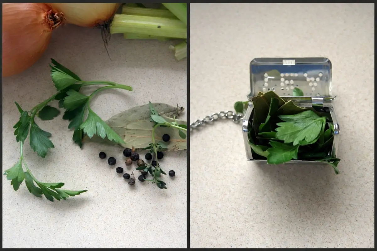 Herbs placed in a sachet d’épice ready for simmering in stock.