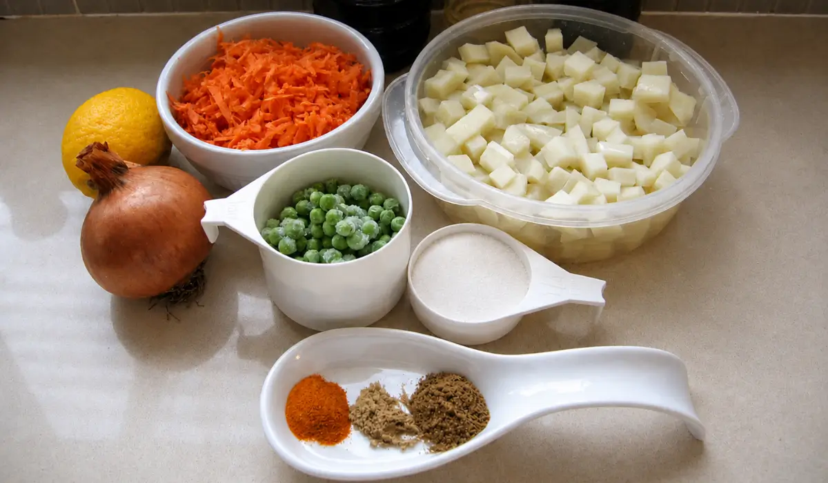 Potatoes, carrots, peas, onion, and spices prepared for curry puff filling.