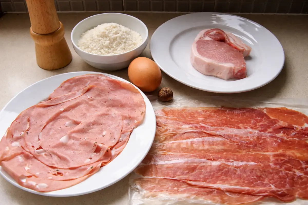 Pork loin, mortadella, prosciutto, egg, Parmigiano Reggiano, and nutmeg prepared for tortellini filling.