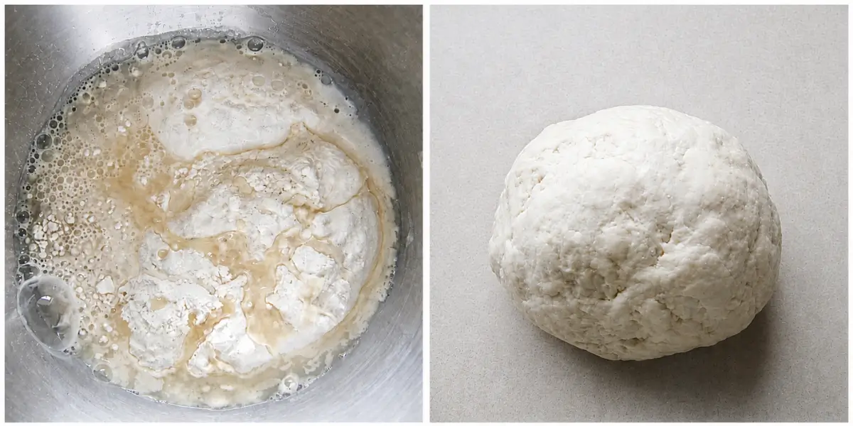 Flour and water dough mixture shaped into a smooth dough ball for pastry making.