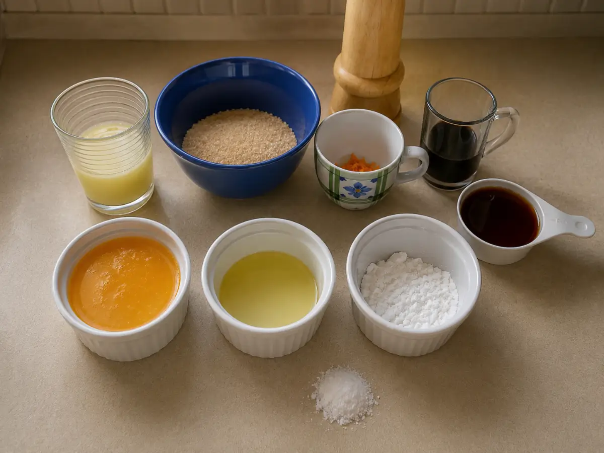 Orange juice, lemon juice, soy sauce, sugar, orange zest, and cornstarch measured for the sauce.