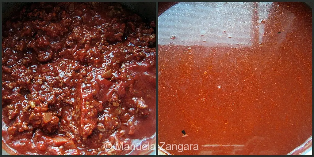 Ragù at the start of cooking and after it has reduced.