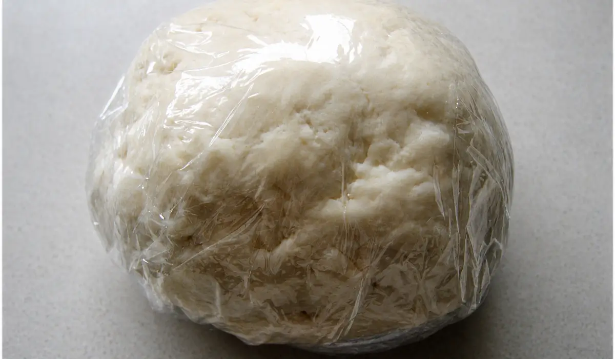 Water-based dough wrapped in cling film and resting before rolling.