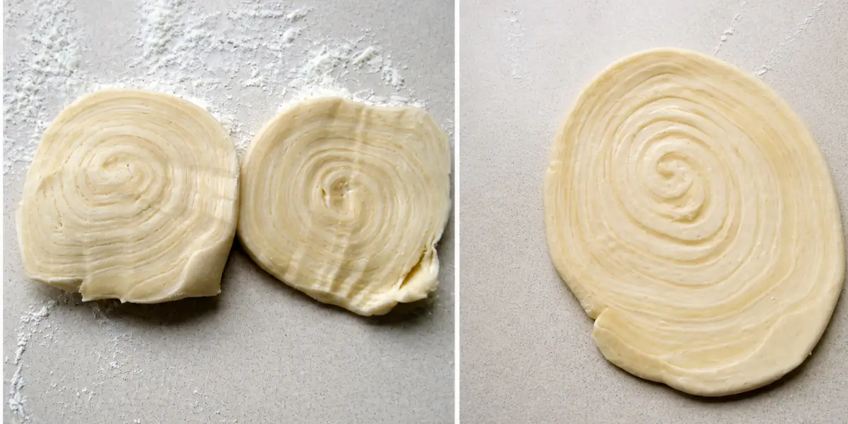 Spiral pastry slices flattened into rounds for homemade curry puffs.