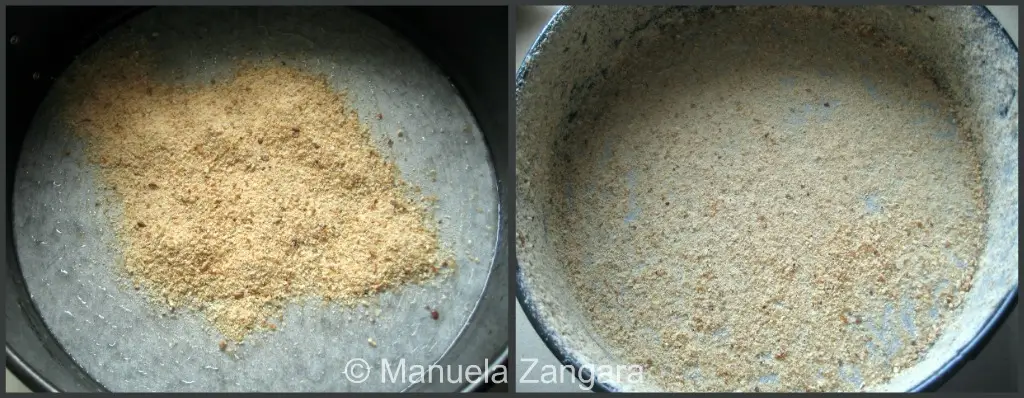 Springform pan lined, oiled, and coated with breadcrumbs.