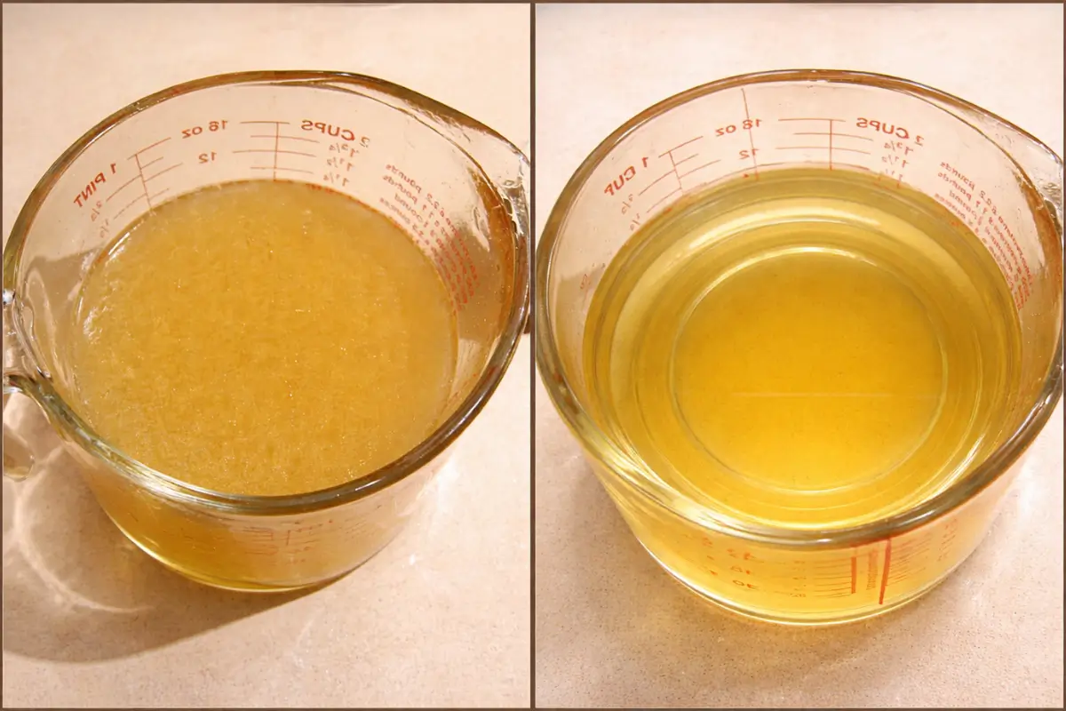 Chicken stock before and after gelatine filtration showing the change in clarity.