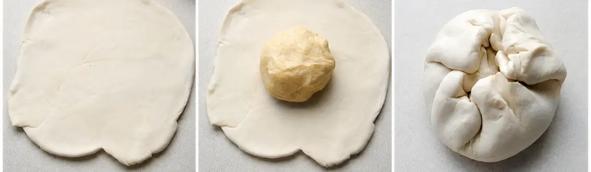 Butter dough wrapped inside rolled water dough before laminating.