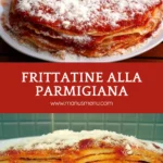Layered frittatine stacked with tomato sauce and grated Parmigiano on a white plate.