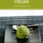 Single scoop of Matcha Ice Cream served on a black square plate with spoon.