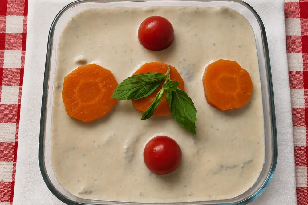 Chilled veal covered with smooth salsa tonnata and served with carrot slices and tomatoes.
