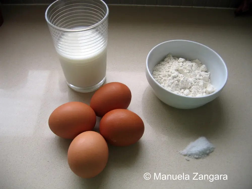 Eggs, milk, flour, and salt arranged for the batter.