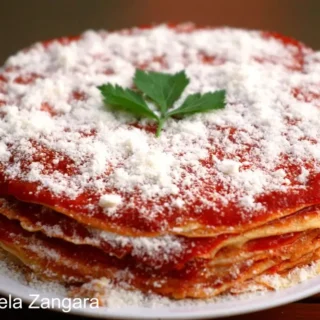 Frittatine alla Parmigiana layered with tomato sauce and grated cheese.
