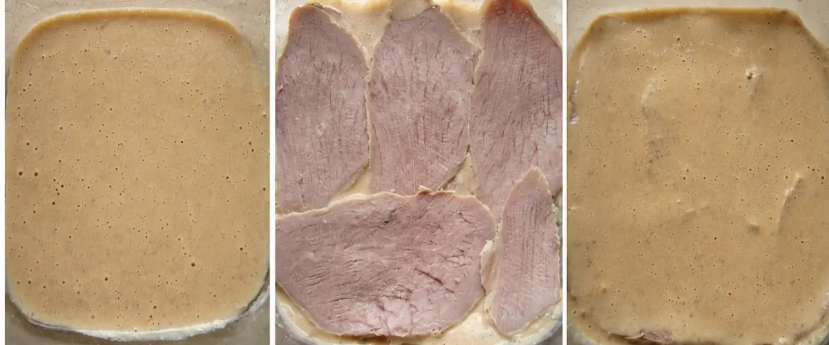 Thin slices of veal layered with creamy salsa tonnata during the assembly of Vitello Tonnato.