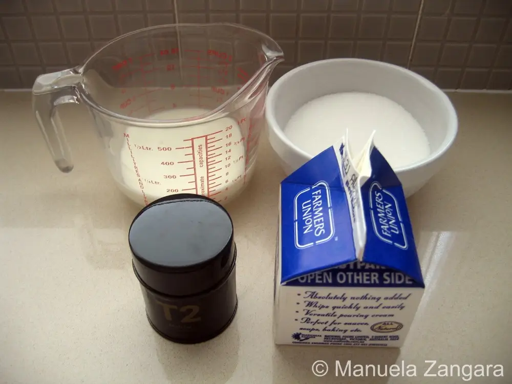 Measured cream, milk, sugar and matcha ready on the counter.