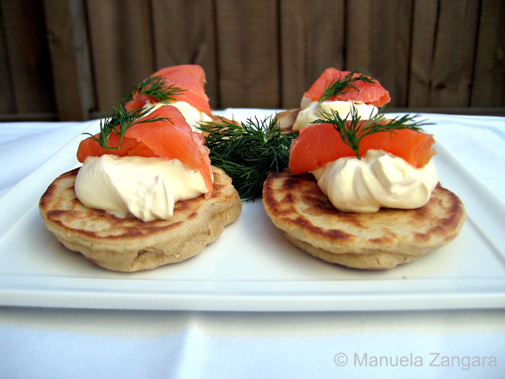 Buckwheat Blini with crème fraîche and smoked salmon