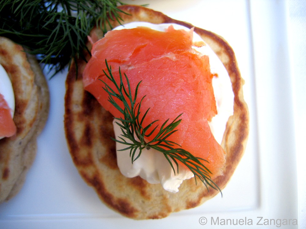 Buckwheat Blini with crème fraîche and smoked salmon