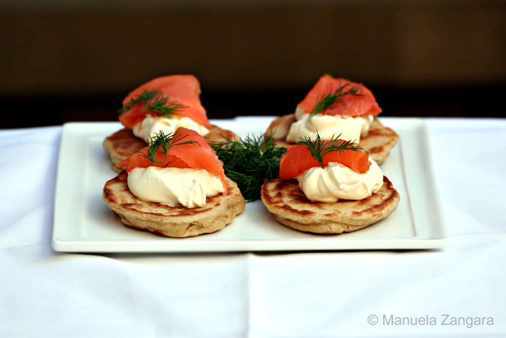 Buckwheat Blini with crème fraîche and smoked salmon