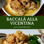 Bowl of Baccalà alla Vicentina served over soft polenta with parsley on top.
