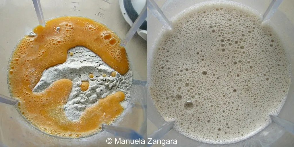 Buckwheat galette batter before and after blending.