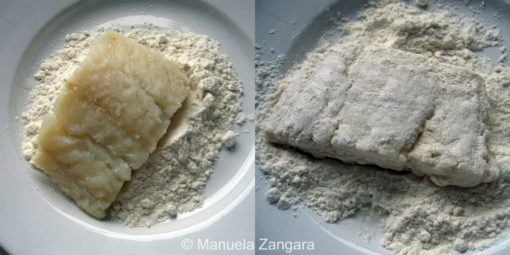 Process collage showing fish being floured and cooked in sauce.