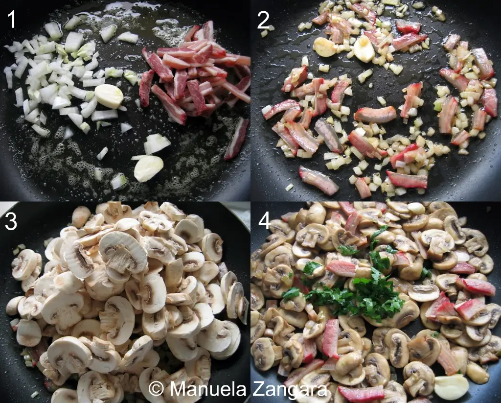 Onion, garlic, pancetta and mushrooms cooking together for the filling.