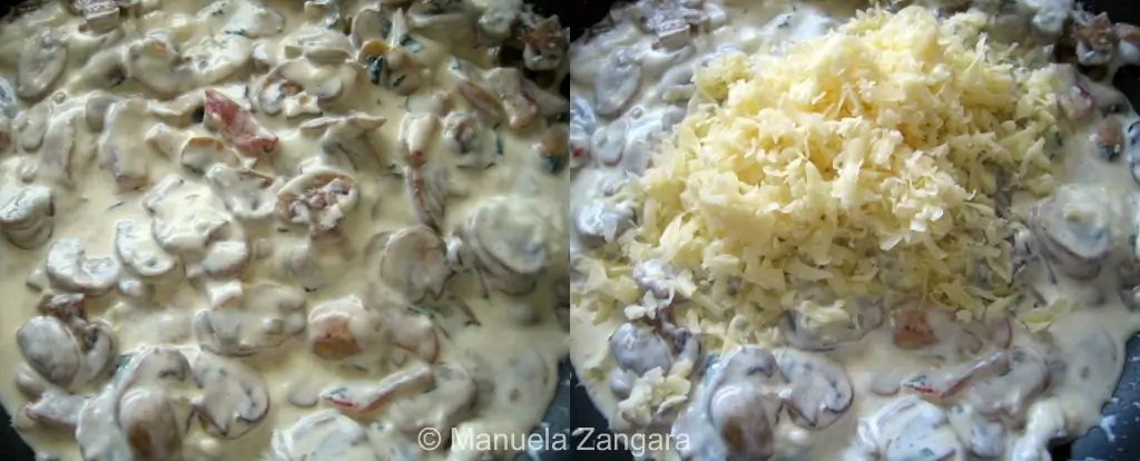 Mushroom filling combined with béchamel and grated Emmental cheese.