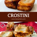 Crispy crostini filled with rich meat sauce and melted cheese on a plate.